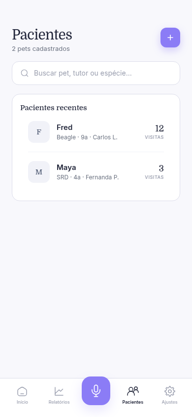 Tela de pacientes veterinários